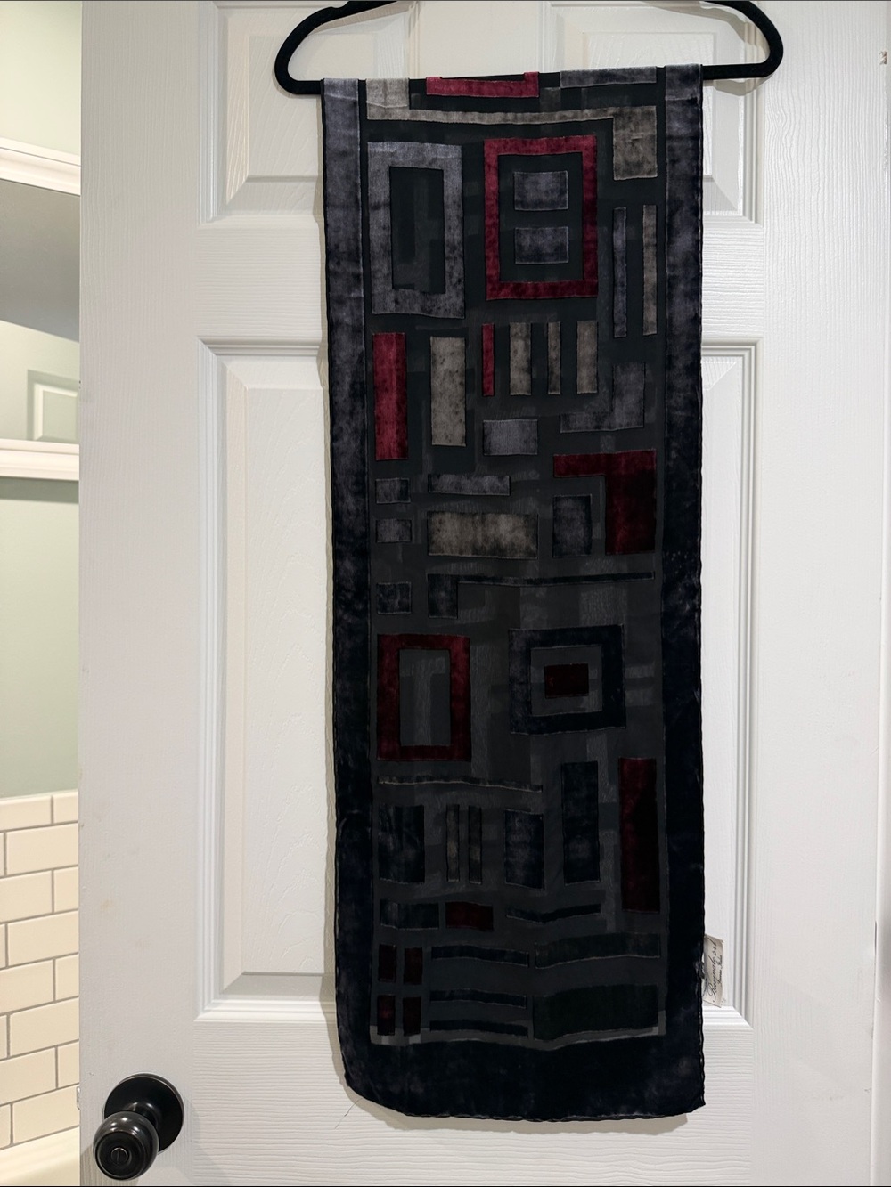 Massimo Ravinale- Geometric Velvet Panel Scarf in Black and Burgundy